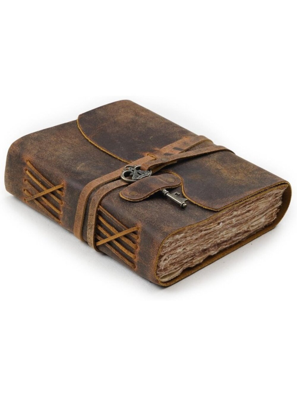 Distressed Brown Leather Bound Journal with Key Lock, 8x6 Writing Notebook